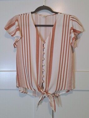 Sim & Sam Button Down Tie Front Striped Rayon Top Cinnamon & White Small